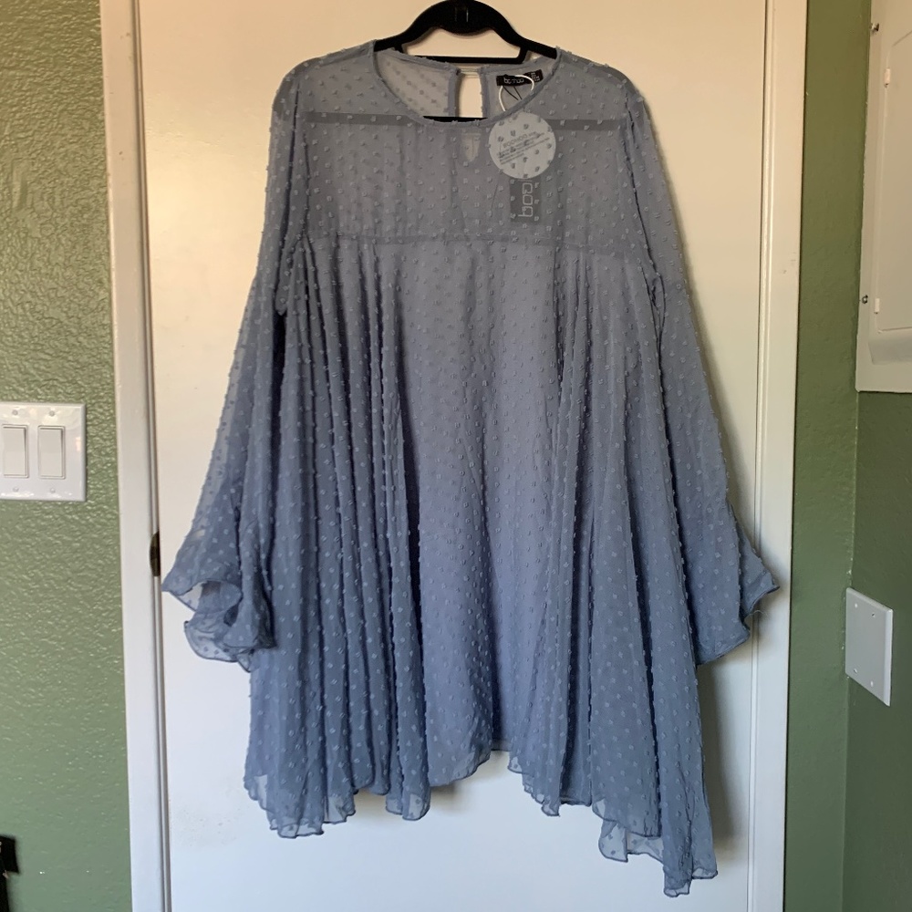 Boohoo Loose and Sheer Mini Smock Tunic Dress with Long  Fluted Sleeves